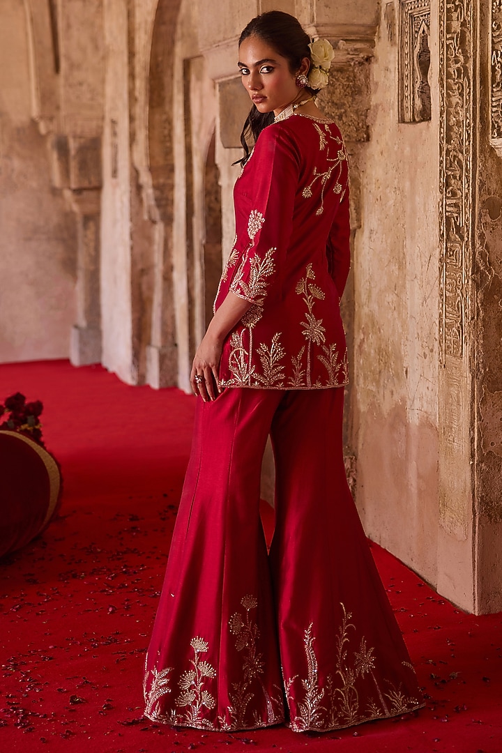 Burnt-Red Forest Embroidered Taffeta Wedding Sharara Set by Charu & Vasundhara at Pernia's Pop Up Shop