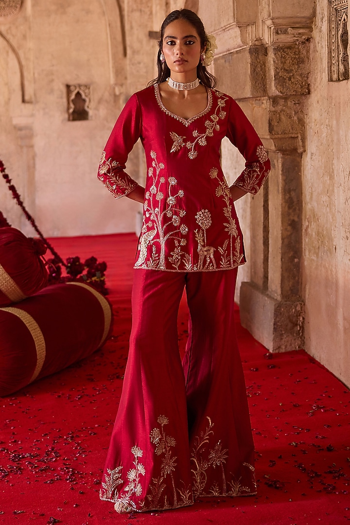 Burnt-Red Forest Embroidered Taffeta Wedding Sharara Set by Charu & Vasundhara at Pernia's Pop Up Shop