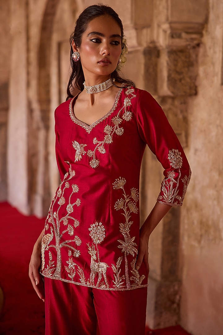 Burnt-Red Forest Embroidered Taffeta Wedding Sharara Set by Charu & Vasundhara at Pernia's Pop Up Shop