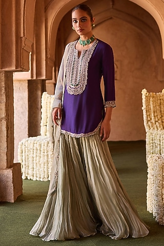 Mint Green Taffeta Stone Embroidered Sharara Set by Charu & Vasundhara