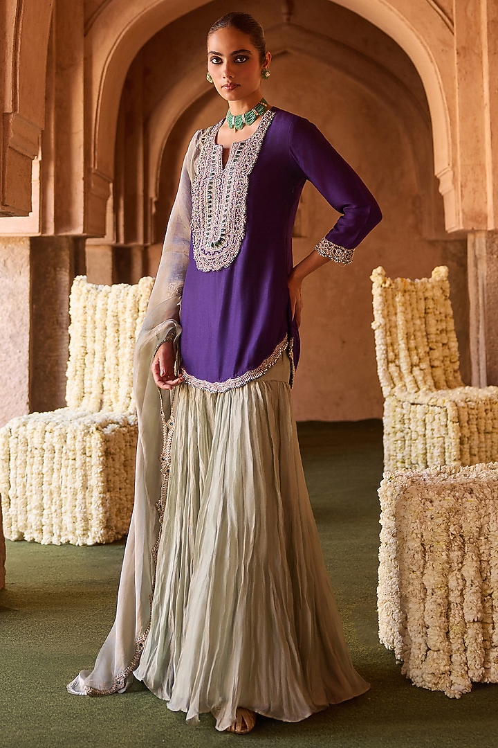 Mint Green Taffeta Stone Embroidered Wedding Sharara Set by Charu & Vasundhara at Pernia's Pop Up Shop