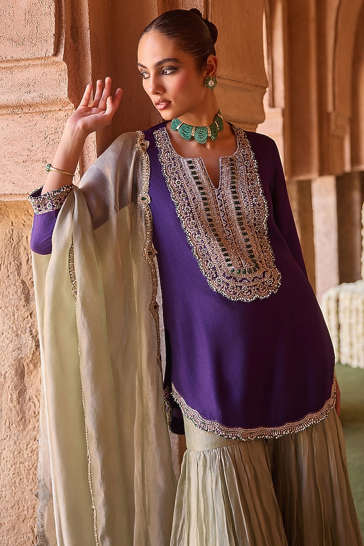 Mint Green Taffeta Stone Embroidered Wedding Sharara Set by Charu & Vasundhara at Pernia's Pop Up Shop