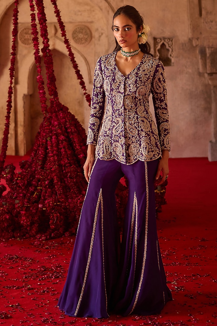Purple Taffeta Flared Wedding Sharara Set by Charu & Vasundhara at Pernia's Pop Up Shop