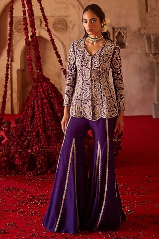 Purple Taffeta Flared Sharara Set by Charu & Vasundhara