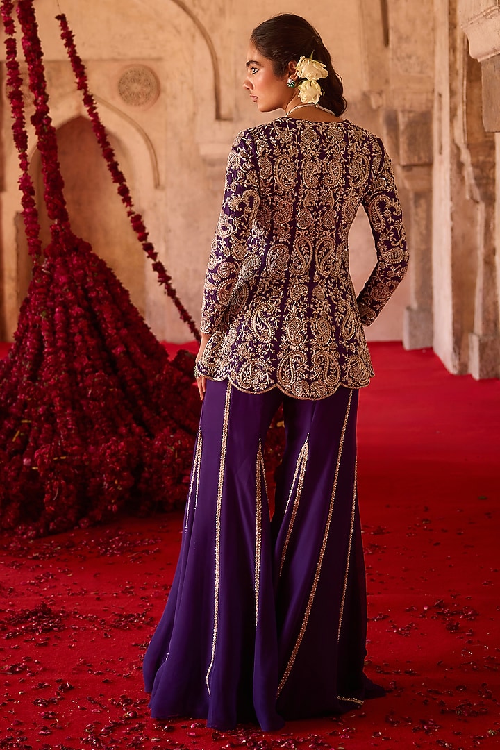 Purple Taffeta Flared Wedding Sharara Set by Charu & Vasundhara at Pernia's Pop Up Shop