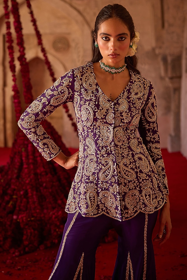 Purple Taffeta Flared Wedding Sharara Set by Charu & Vasundhara at Pernia's Pop Up Shop