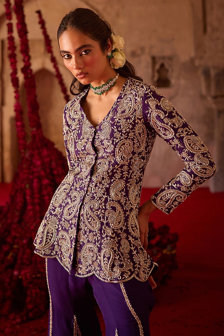Purple Taffeta Flared Wedding Sharara Set by Charu & Vasundhara at Pernia's Pop Up Shop