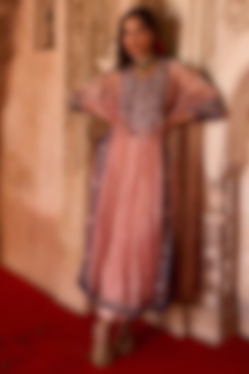 Rose Pink Tissue Paisley Embroidered Kaftan-Style Cape Set by Charu & Vasundhara at Pernia's Pop Up Shop