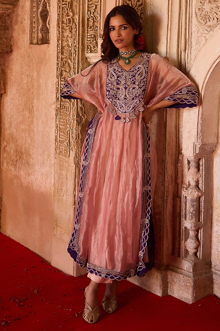Rose Pink Tissue Paisley Embroidered Kaftan-Style Cape Set by Charu & Vasundhara at Pernia's Pop Up Shop