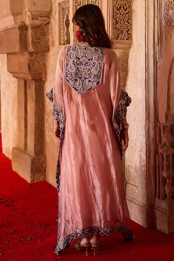 Rose Pink Tissue Paisley Embroidered Kaftan-Style Cape Set by Charu & Vasundhara at Pernia's Pop Up Shop