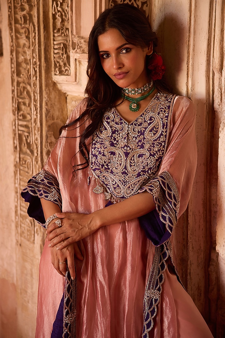 Rose Pink Tissue Paisley Embroidered Kaftan-Style Cape Set by Charu & Vasundhara at Pernia's Pop Up Shop