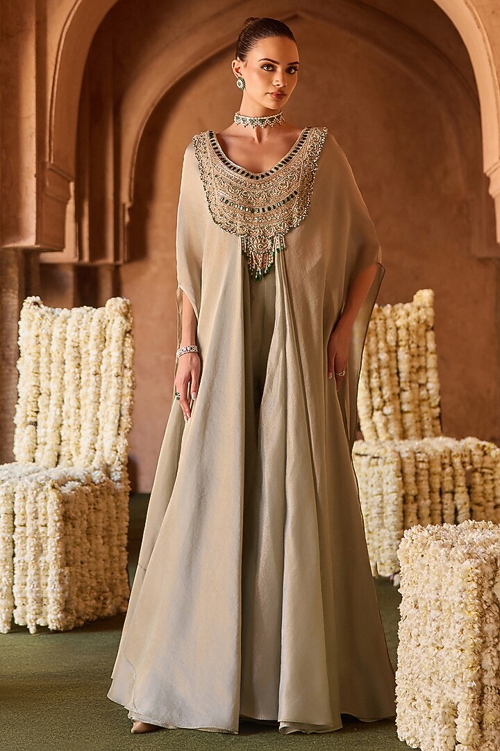 Mint Green Kanjivaram Tissue Stone Embroidered Cape Set by Charu & Vasundhara at Pernia's Pop Up Shop