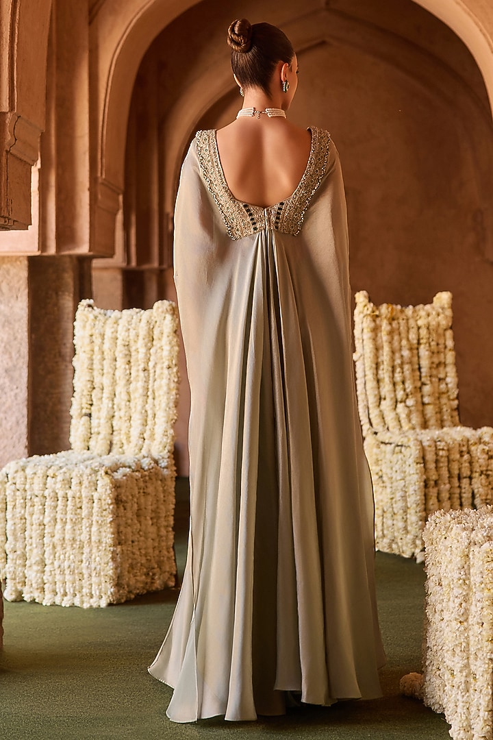 Mint Green Kanjivaram Tissue Stone Embroidered Cape Set by Charu & Vasundhara at Pernia's Pop Up Shop