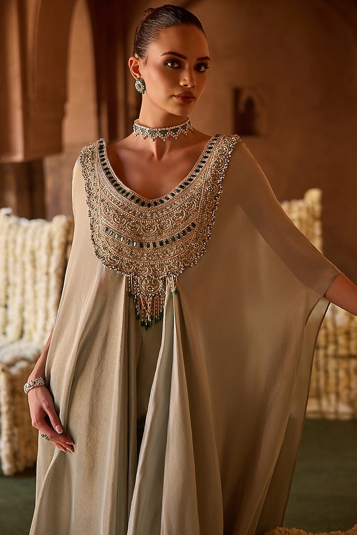 Mint Green Kanjivaram Tissue Stone Embroidered Cape Set by Charu & Vasundhara at Pernia's Pop Up Shop