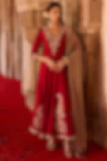 Burnt Red Cupro Silk Paisley Embroidered Wedding Anarkali Set by Charu & Vasundhara at Pernia's Pop Up Shop