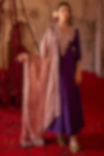 Purple Cupro Silk Paisley Embroidered Wedding Anarkali Set by Charu & Vasundhara at Pernia's Pop Up Shop