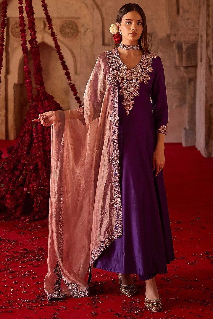 Purple Cupro Silk Paisley Embroidered Wedding Anarkali Set by Charu & Vasundhara at Pernia's Pop Up Shop