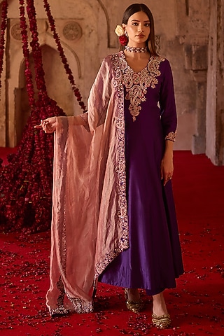 Purple Cupro Silk Paisley Embroidered Anarkali Set by Charu & Vasundhara