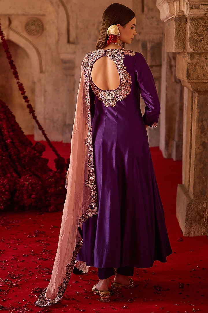 Purple Cupro Silk Paisley Embroidered Wedding Anarkali Set by Charu & Vasundhara at Pernia's Pop Up Shop