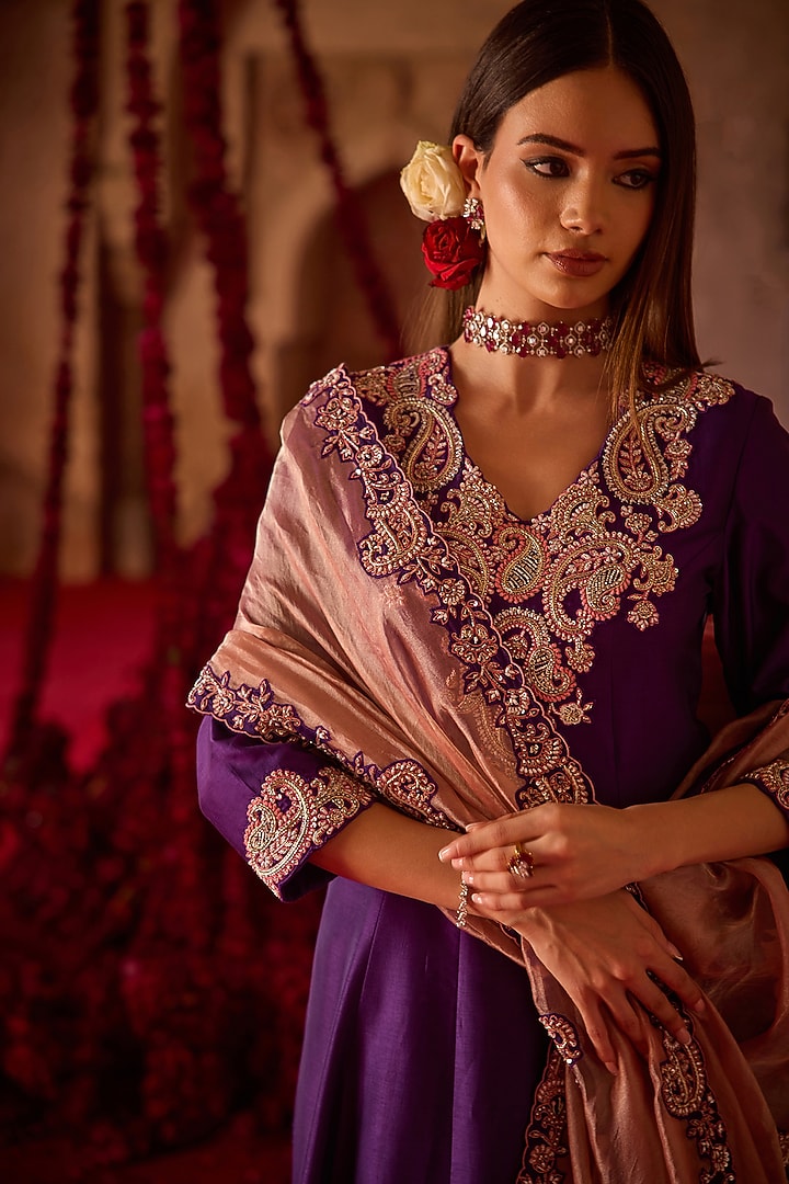 Purple Cupro Silk Paisley Embroidered Wedding Anarkali Set by Charu & Vasundhara at Pernia's Pop Up Shop