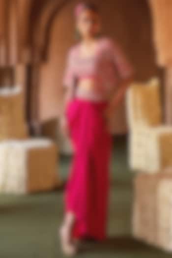 Fuchsia Pink Cupro Silk Stone Embroidered Cape Set by Charu & Vasundhara at Pernia's Pop Up Shop