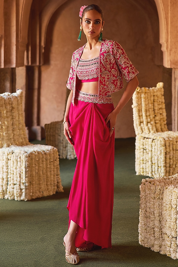 Fuchsia Pink Cupro Silk Stone Embroidered Cape Set by Charu & Vasundhara at Pernia's Pop Up Shop