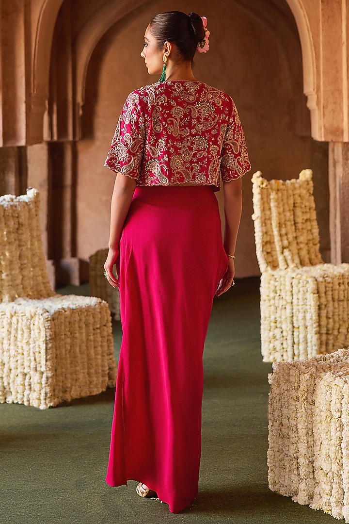 Fuchsia Pink Cupro Silk Stone Embroidered Cape Set by Charu & Vasundhara at Pernia's Pop Up Shop