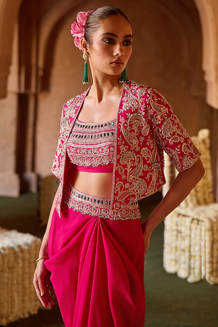 Fuchsia Pink Cupro Silk Stone Embroidered Cape Set by Charu & Vasundhara at Pernia's Pop Up Shop
