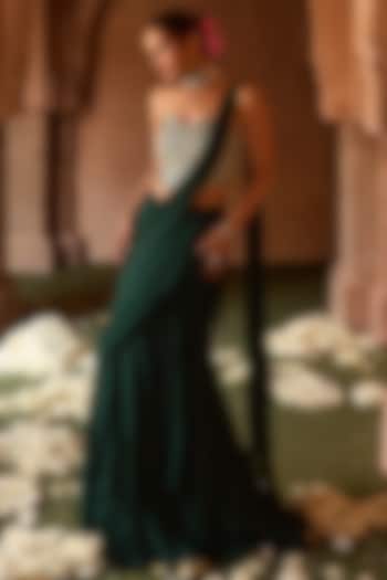 Bottle Green Georgette Draped Wedding Saree Set by Charu & Vasundhara at Pernia's Pop Up Shop