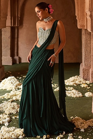 Bottle Green Georgette Draped Saree Set by Charu & Vasundhara