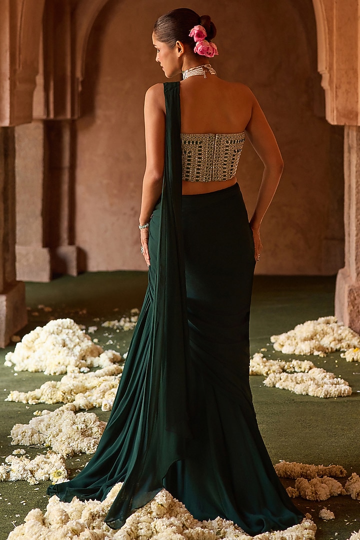Bottle Green Georgette Draped Wedding Saree Set by Charu & Vasundhara at Pernia's Pop Up Shop