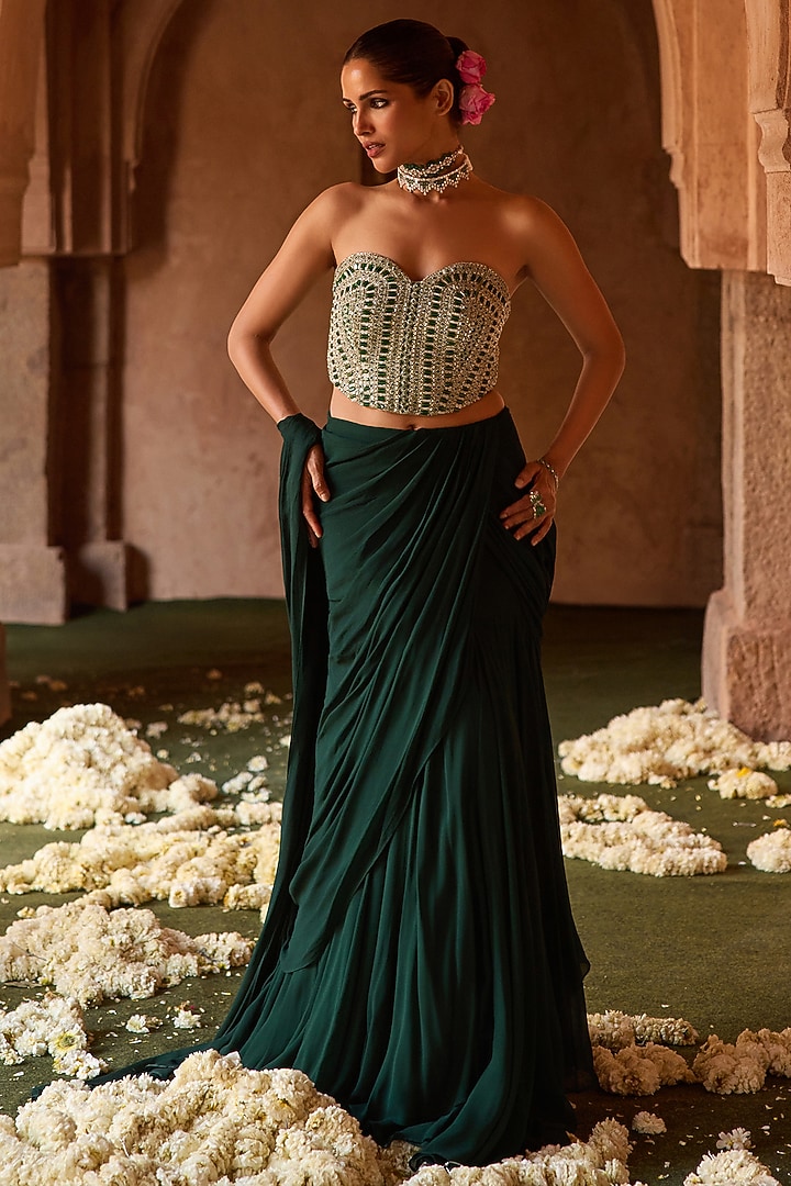 Bottle Green Georgette Draped Wedding Saree Set by Charu & Vasundhara at Pernia's Pop Up Shop