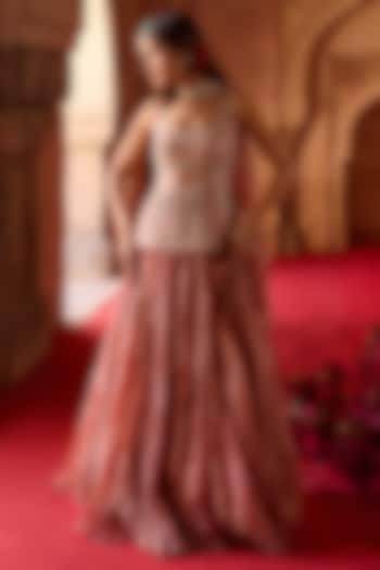 Rust & Rose Pink Tissue & Taffeta Crushed Wedding Lehenga Set by Charu & Vasundhara at Pernia's Pop Up Shop