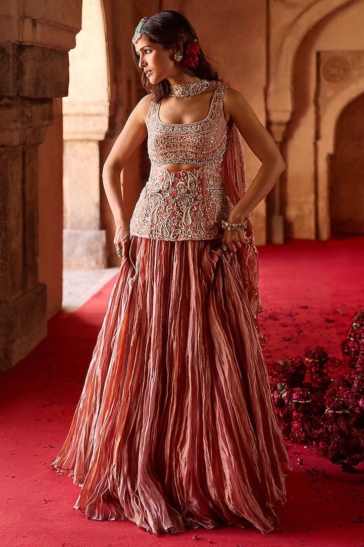 Rust & Rose Pink Tissue & Taffeta Crushed Wedding Lehenga Set by Charu & Vasundhara at Pernia's Pop Up Shop