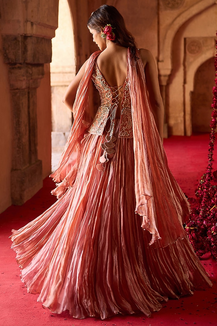 Rust & Rose Pink Tissue & Taffeta Crushed Wedding Lehenga Set by Charu & Vasundhara at Pernia's Pop Up Shop