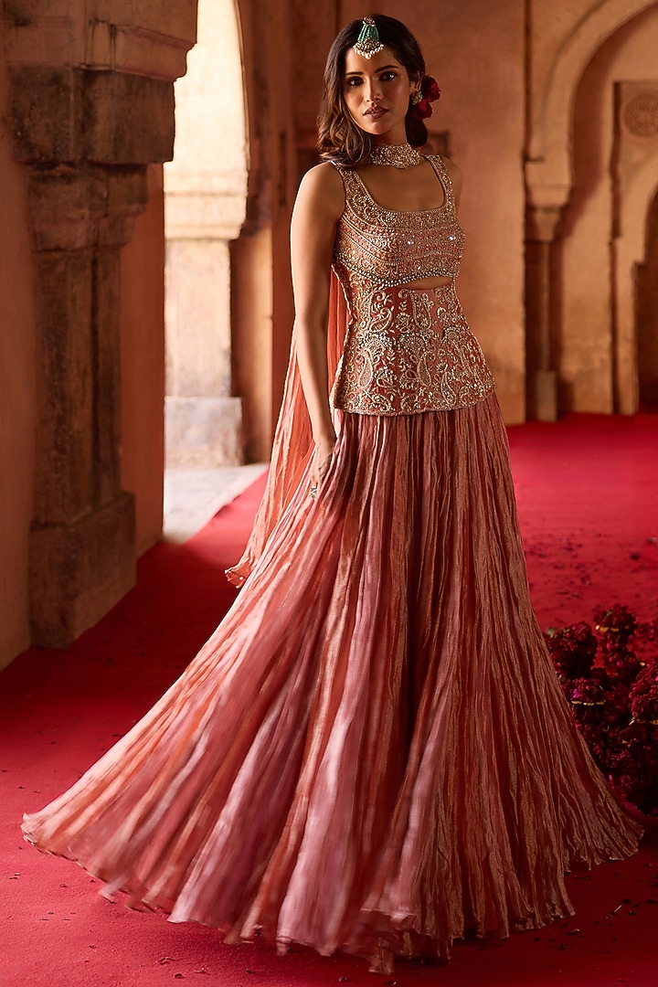 Rust & Rose Pink Tissue & Taffeta Crushed Wedding Lehenga Set by Charu & Vasundhara at Pernia's Pop Up Shop