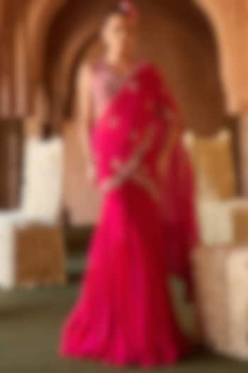 Fuchsia Pink Organza Draped Wedding Saree Set by Charu & Vasundhara at Pernia's Pop Up Shop