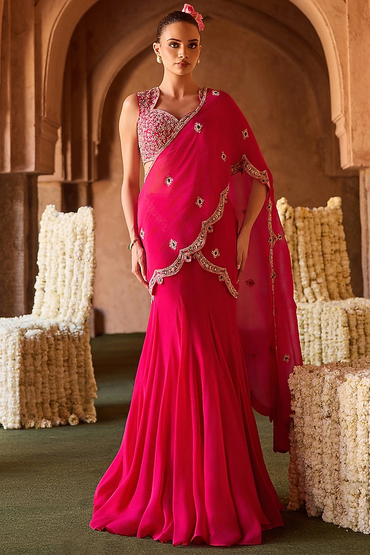 Fuchsia Pink Organza Draped Wedding Saree Set by Charu & Vasundhara at Pernia's Pop Up Shop