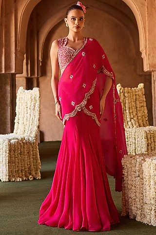 Fuchsia Pink Organza Draped Saree Set by Charu & Vasundhara