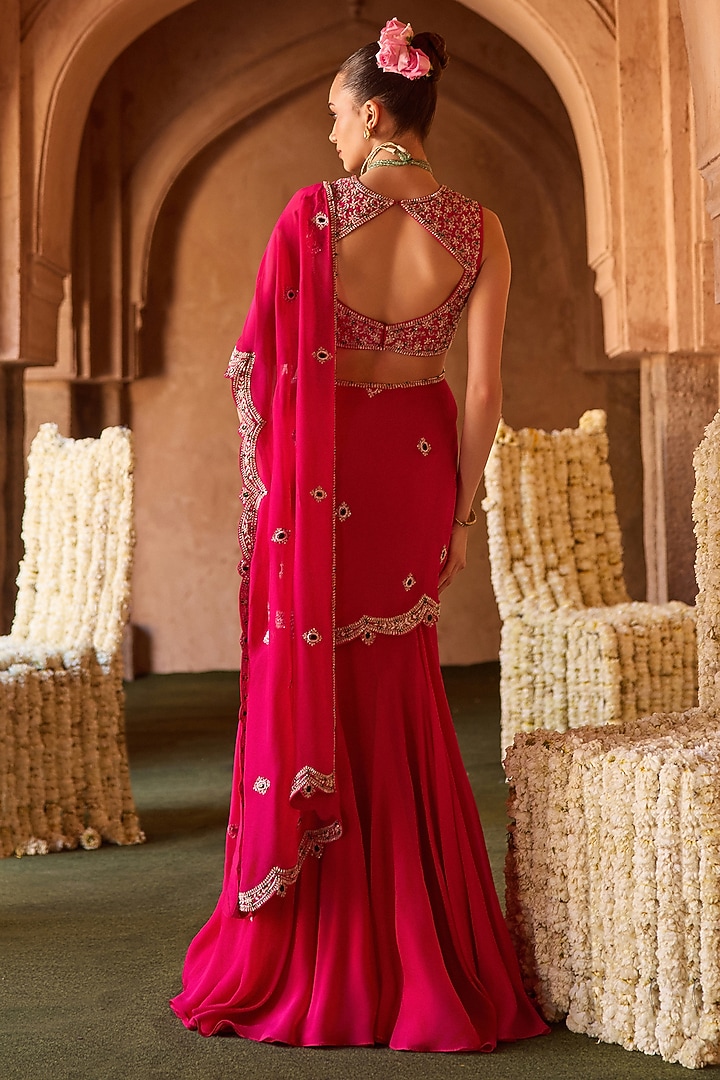 Fuchsia Pink Organza Draped Wedding Saree Set by Charu & Vasundhara at Pernia's Pop Up Shop