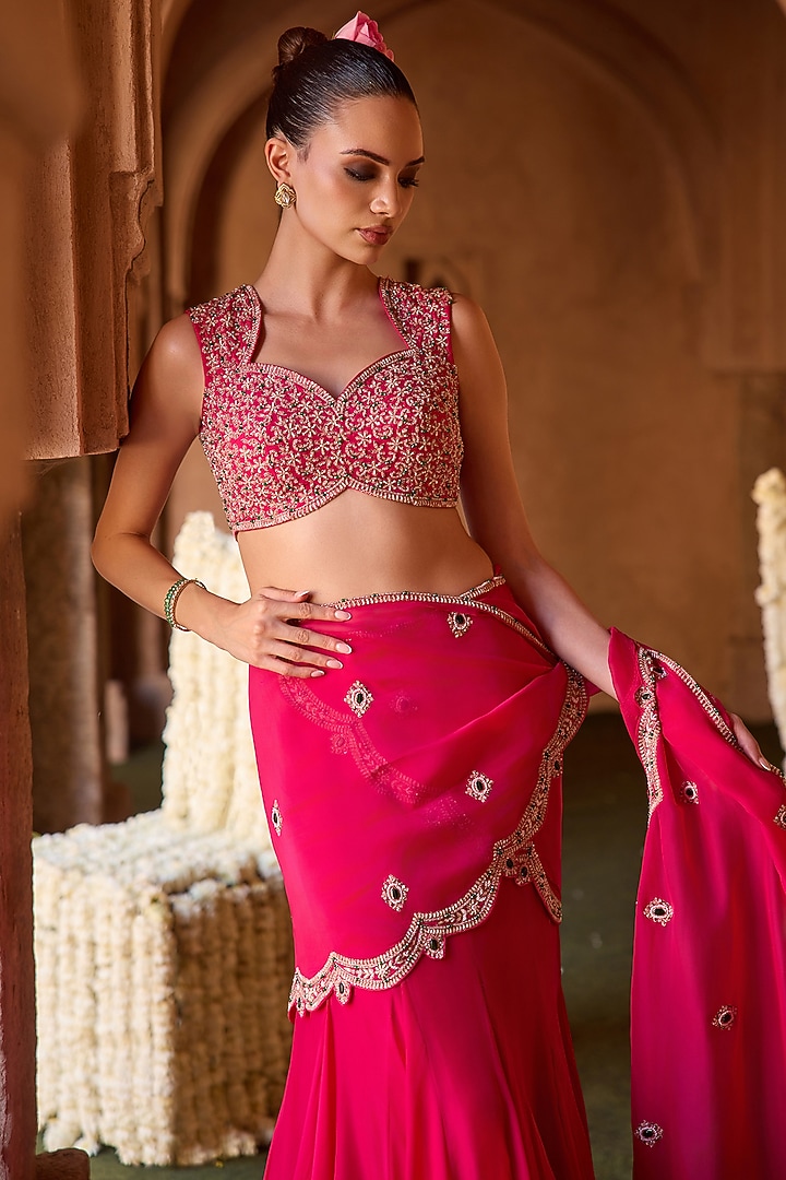 Fuchsia Pink Organza Draped Wedding Saree Set by Charu & Vasundhara at Pernia's Pop Up Shop