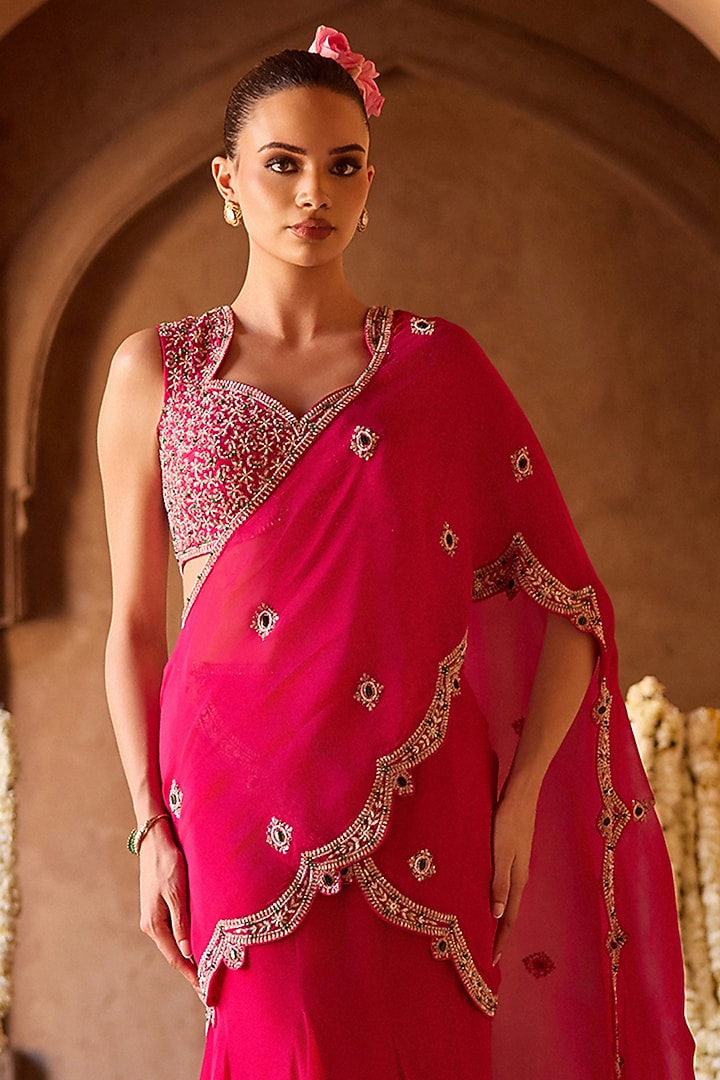 Fuchsia Pink Organza Draped Wedding Saree Set by Charu & Vasundhara at Pernia's Pop Up Shop
