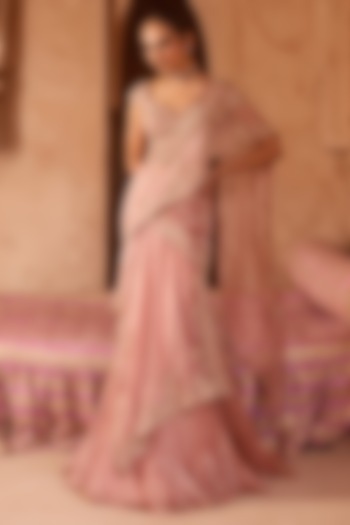 Rose Pink Taffeta & Tissue Flap Draped Wedding Saree Set by Charu & Vasundhara at Pernia's Pop Up Shop