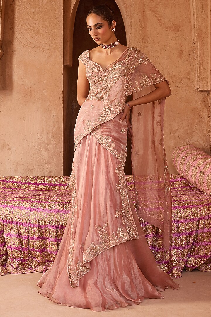 Rose Pink Taffeta & Tissue Flap Draped Wedding Saree Set by Charu & Vasundhara at Pernia's Pop Up Shop