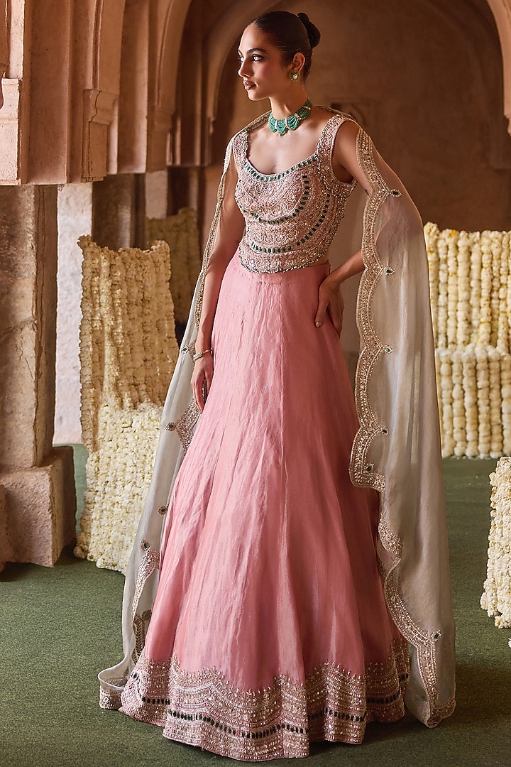 Rose Pink Tissue Scalloped Wedding Lehenga Set by Charu & Vasundhara at Pernia's Pop Up Shop