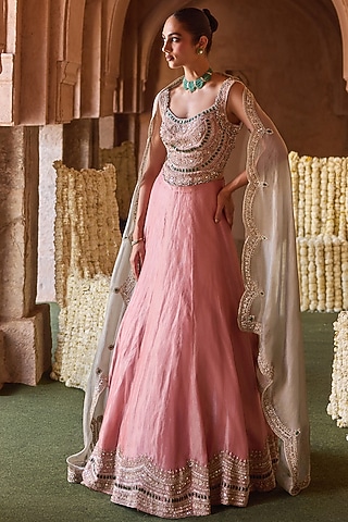 Rose Pink Tissue Scalloped Lehenga Set by Charu & Vasundhara