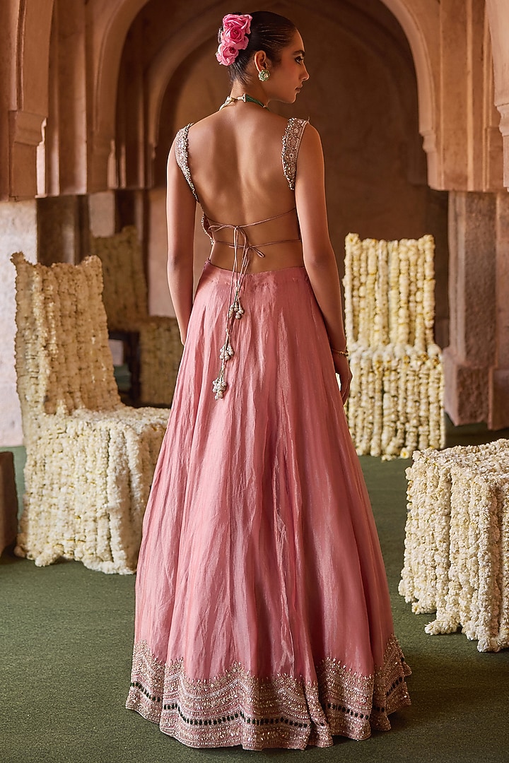 Rose Pink Tissue Scalloped Wedding Lehenga Set by Charu & Vasundhara at Pernia's Pop Up Shop