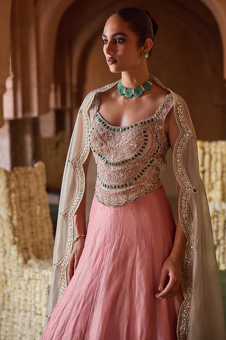 Rose Pink Tissue Scalloped Wedding Lehenga Set by Charu & Vasundhara at Pernia's Pop Up Shop