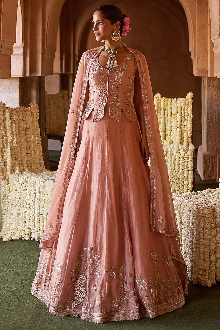 Peach Tissue & Taffeta Forest Embroidered Wedding Lehenga Set by Charu & Vasundhara at Pernia's Pop Up Shop