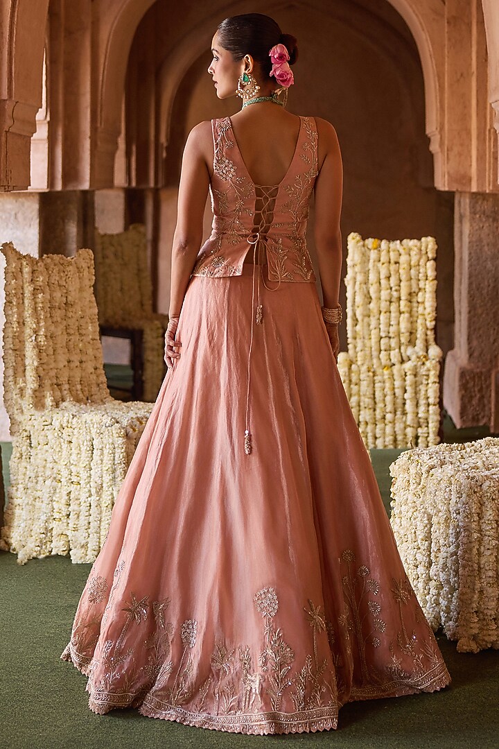 Peach Tissue & Taffeta Forest Embroidered Wedding Lehenga Set by Charu & Vasundhara at Pernia's Pop Up Shop